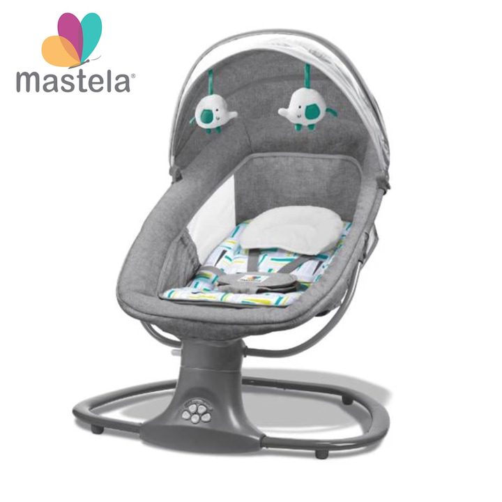 Детска люлка MASTELA, детска люлка 3 в 1, електрическа, с мрежа против комари, подвижна възглавница, играчки, USB, Bluetooth, дистанционно управление, 0-3 години, сива