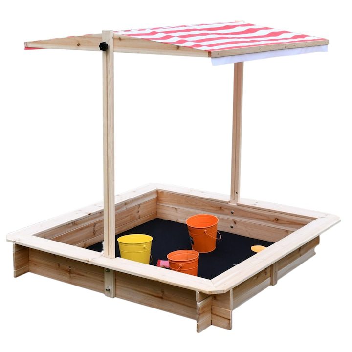 Детски Пясъчник GINGER HOME, Регулируем Покрив с UV Защита, 117x117x113 см, Дървен, Идеален за Игра на Открито