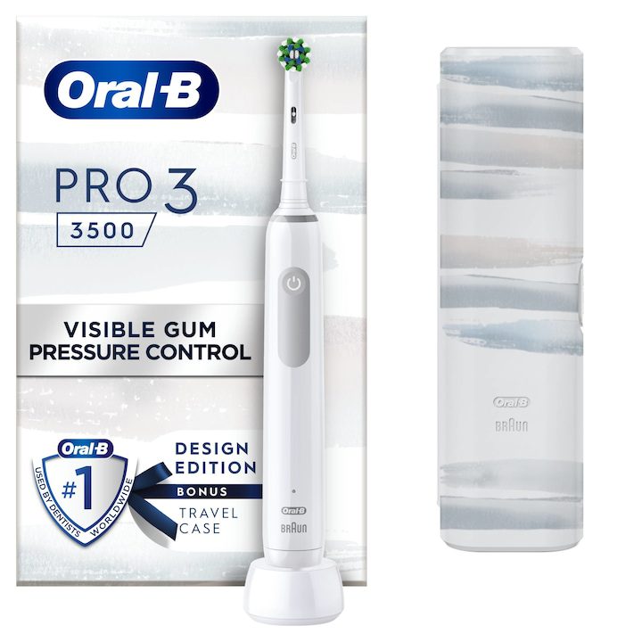 Електрически четки за зъби Oral-B – Нашите Предложения 2025 Ел. четка за зъби Oral-B Pro 3 3500, 3D почистване, 3 програми, 1 зарядно устройство, 1 накрайник, Комплект за пътуване, Бял