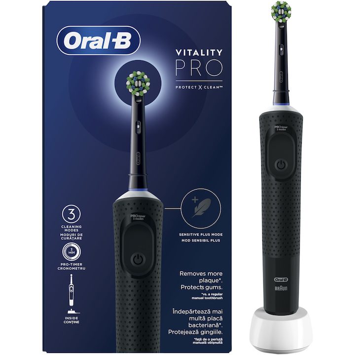 Електрически четки за зъби Oral-B – Нашите Предложения 2025 Ел. четка за зъби Oral-B Vitality Pro, 2D почистване, 3 програми, 1 зарядно устройство, 1 накрайник, Черен