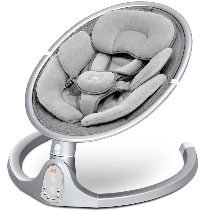 Електрическа бебешка люлка KidProtect® Baby Bliss, Музика 10 части Вградена или Bluetooth, Дистанционно управление, 5-степенна рокля, Таймер, Предпазен колан, Възглавница, Бар за играчки, Алуминиева основа, Сиво