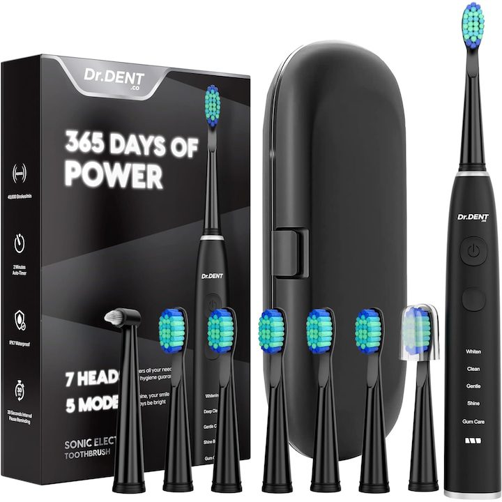 Електрическа Четка за Зъби с Ултразвук - Какво Трябва да Знаем Преди Покупка Електрическа четка за зъби DrDent Premium Sonic, 7 глави за четки и куфар за пътуване, 5 режима на почистване с интелигентен таймер, Удължен живот на батерията, Едно зареждане продължава 8 месеца