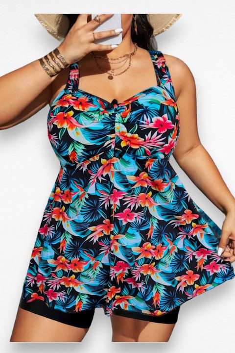 Дамски Бански Костюми - Лято 2025: Големи размери бански танкини, две части, рокля и шорти, Exotic 6610, Многоцветен