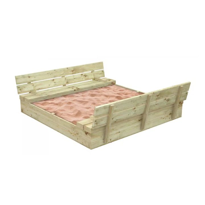 Голям Детски Пясъчник GINGER HOME, Пейки, Сгъваем Капак, 157x157x21см, Дървен