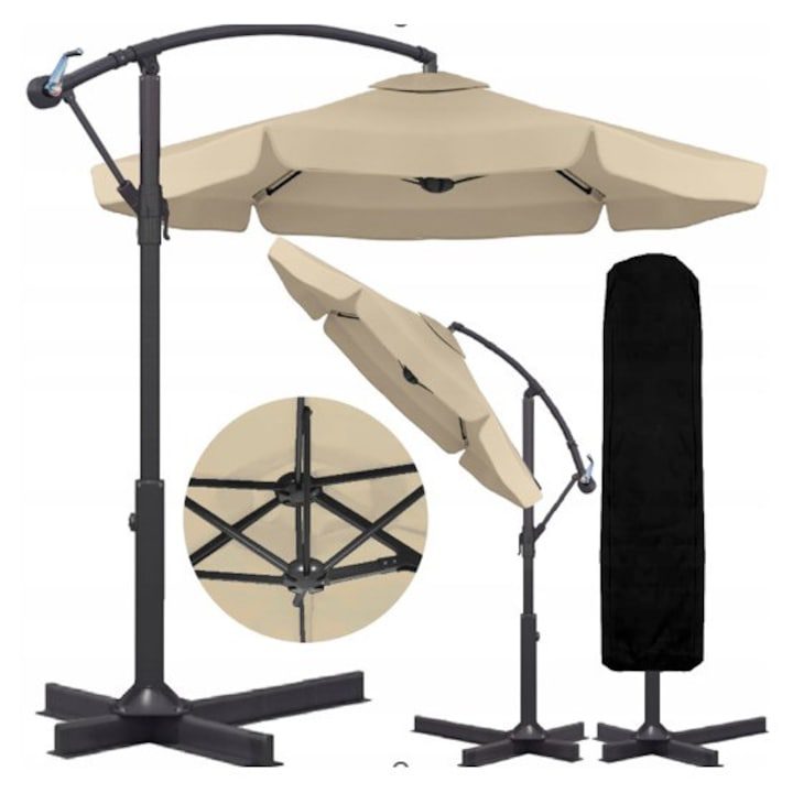 Идеални Градински Чадъри: Как да Изберем 🌞 Градински чадър, странично рамо тип „банан“ от стомана, сгъваем и регулируем, диаметър 300 см, височина 250 см, плътност на сенника 180 г/м² полиестер, включен защитен калъф, бежов цвят