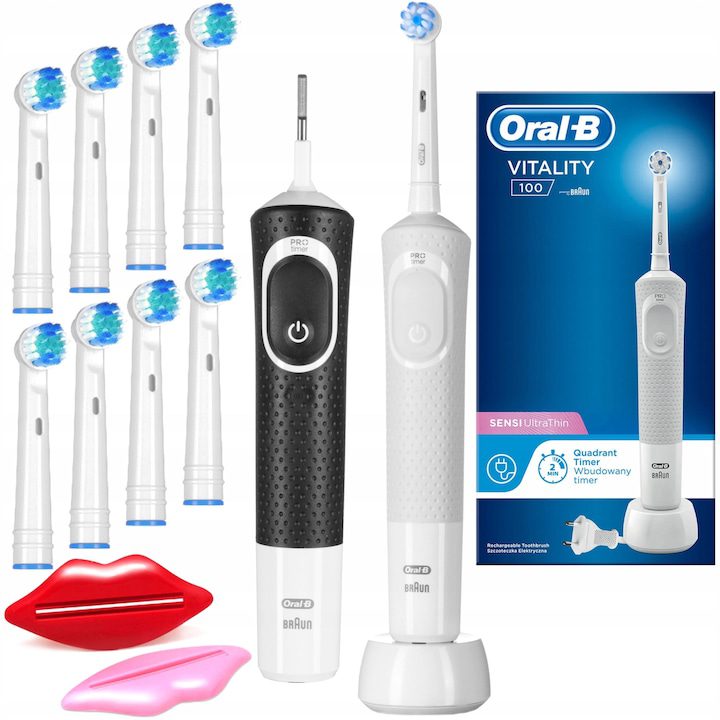 Електрически четки за зъби Oral-B – Нашите Предложения 2025 Комплект, 2x електрическа четка за зъби, Oral-B Vitality 100, черна, бяла, 8x резервни глави, 2x паста за изстискване