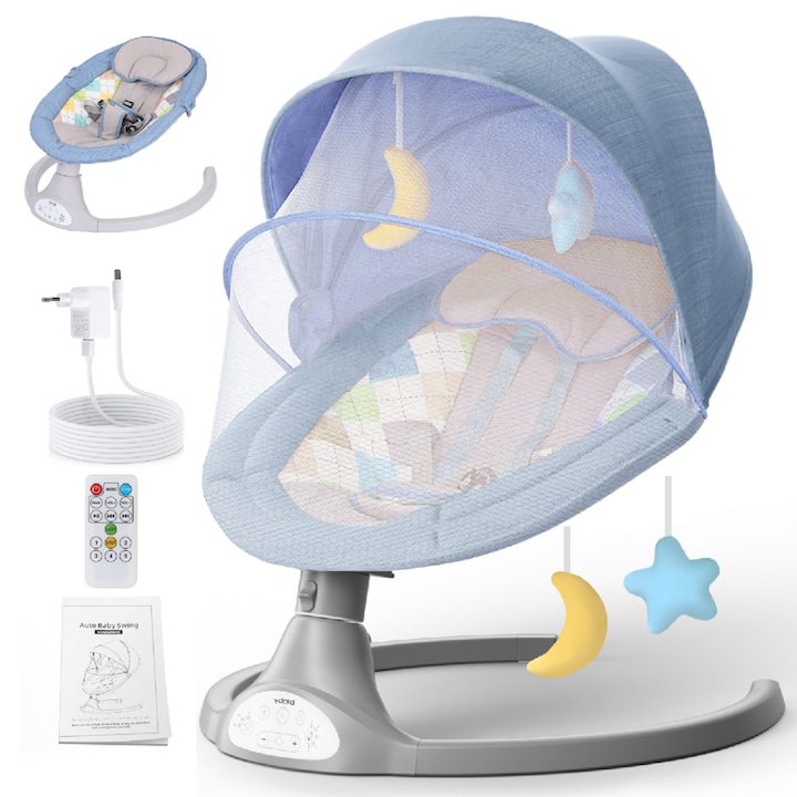 Многофункционална електрическа люлка, bioby, Bluetooth, 5 нива на регулиране, сенник и комарник, дистанционно управление, USB, 2 играчки могат да се закрепят с велкро, син цвят