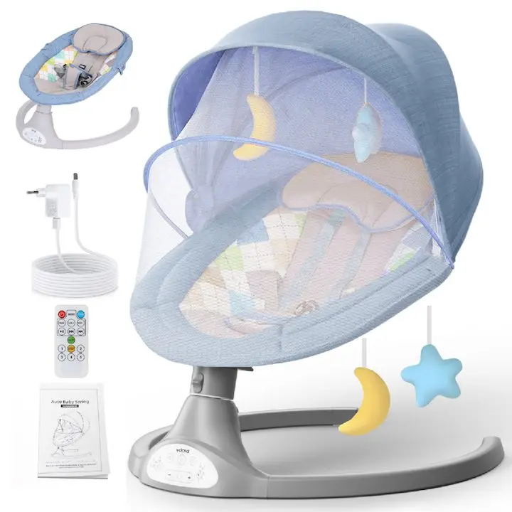 Електрически бебешки люлки: Умни решения за спокойствие и удобство при отглеждането на бебето Многофункционална електрическа люлка, bioby, Bluetooth, 5 нива на регулиране, сенник и комарник, дистанционно управление, USB, 2 играчки могат да се закрепят с велкро, син цвят