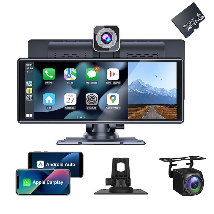 Добра Навигация за Кола: Най-Високо Оценяваните През 2025 Година Навигация за кола SINBINTA, Мултимедийна, 10.26 инча, Карта памет 64GB, С поддръжка, Регулируема, Задна и предна камера, Apple CarPlay & Android Auto Wireless, Bluetooth, 4K+1080P, ABS, 24.4x9.4cm, Черен