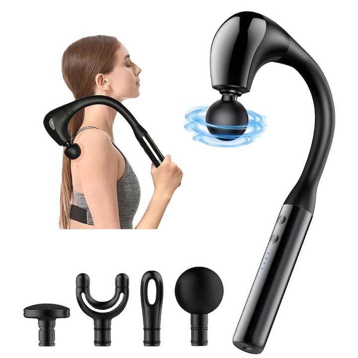 Масажори за Врат – Домашна Релаксация и Облекчение Пулсиращ масажор, MOSMAOO®, Удължена дръжка, Ергономичен дизайн, С функция таймер, 5 нива на интензивност, Безчетков мотор, 4 масажни глави, Облекчаване на болката, Мускулна релаксация, Подходящ за множество части на тялото, Тип C, Черен