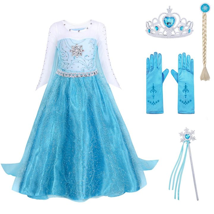 Маски и костюми за деца през 2025: Тенденции, идеи и полезни съвети 🎭✨ Рокля на принцеса Елза с кристали и 3 аксесоара, Hggzeg, фина материя, за косплей дегизировка и детски парти костюм за Хелоуин, памук/полиестер, универсален размер, тюркоаз, 3-4 години, 110 см