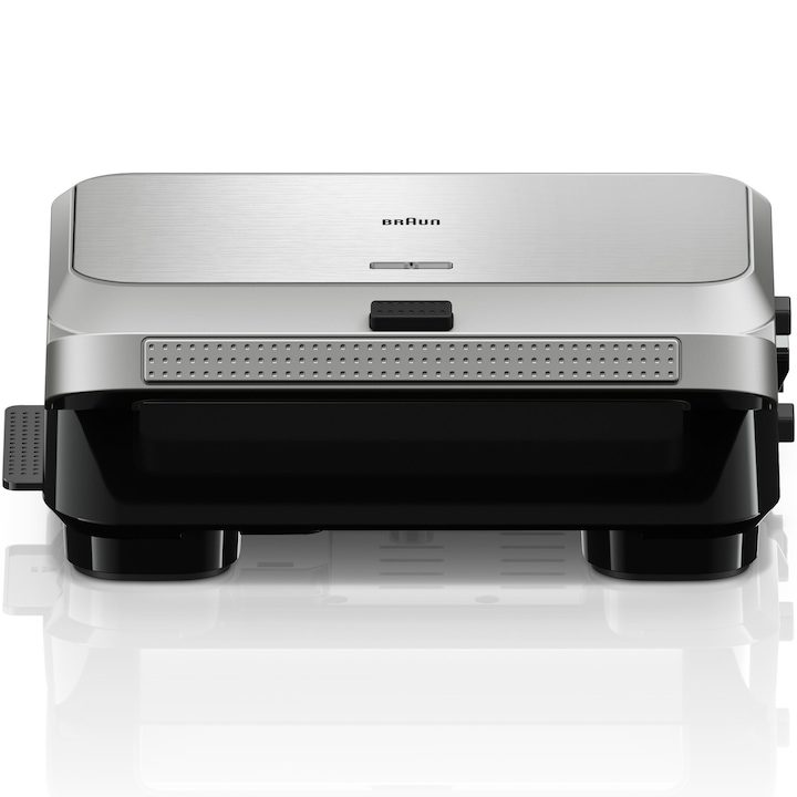 тостер за сандвичи, Сандвич тостер BRAUN SM5038, 800W, 3 комплекта подвижни плочи, Премиум незалепващо покритие, Тава за мазнина, Сребрист/Черен