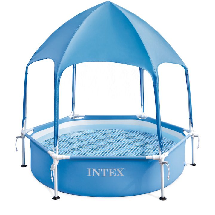 Басейни с метална рамка: пълен пътеводител за избор, монтаж и грижи 🏊♂️ Шестоъгълен басейн с сенник Intex, диаметър 183 см, височина на басейна 38 см, обща височина 165 см, PVC/стомана, обем 700 л, син