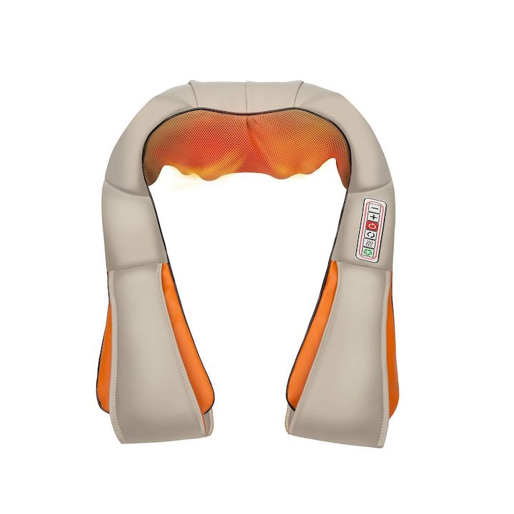 Масажори за Врат – Домашна Релаксация и Облекчение Шиацу масажор Kynexi, 16 глави, 6 бутона, Затоплящ, За гръб, За врат, За бедра, За ръце, 24W, Бежов/Оранжев