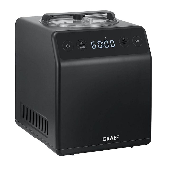 Машини за Сладолед с Компресор: Как да изберем? Сладолед с компресор Graef 2в1, IM706, капацитет 2 литра, функция за приготвяне на кисело мляко, 4 програми, автоматично охлаждане, регулируемо време за приготвяне, сензорен дисплей, подвижен съд, включени аксесоари, черен