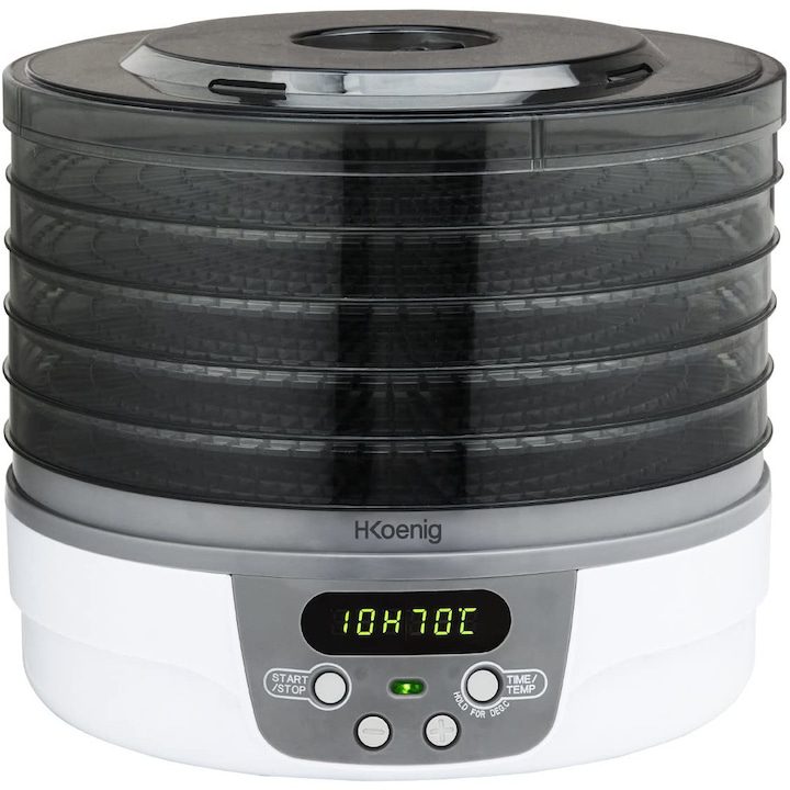 Сушилня H.Koenig DSY700, За плодове, месо и риба, 250 W, 5 тави, 40-70 градуса, Таймер, Бяла