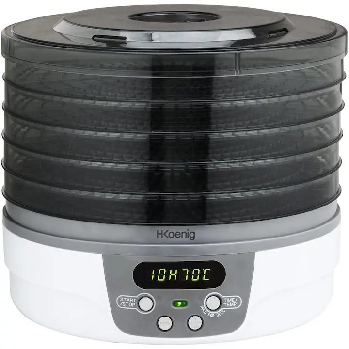 Сушилня H.Koenig DSY700, За плодове, месо и риба, 250 W, 5 тави, 40-70 градуса, Таймер, Бяла