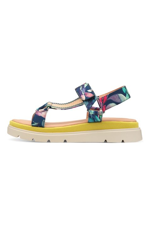 Дамски сандали – Как да Изберем? Tamaris, Сандали с равна платформа с каишки, Зелен/Оранжев/Тъмносин