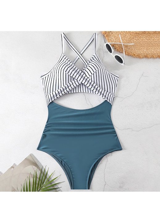 Дамски Бански с Висока Талия – Защо са Фаворит за Лято 2025 Целен бански костюм, Notekisskai, изрязан дизайн, висока талия, син, 2XL