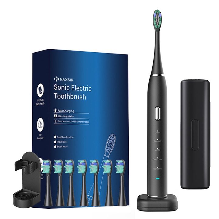 Електрическа Четка за Зъби с Ултразвук - Какво Трябва да Знаем Преди Покупка Ултразвукова електрическа четка за зъби, NAXSIR, безжично зареждане, 5 програми, 8 глави включени, Travel kit, IPX7, черен