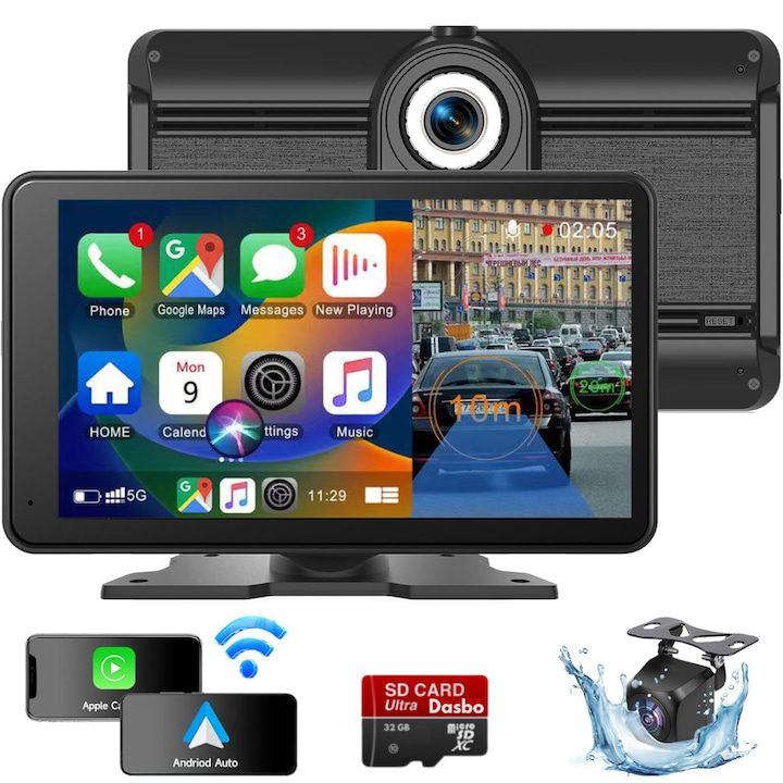 Добра Навигация за Кола: Най-Високо Оценяваните През 2025 Година Универсална автомобилна мултимедийна навигация Dasbo, 7-инчов дисплей с тъчскрийн, вградена камера за запис отпред 2K + задна 1080P, безжичен Apple CarPlay и Android Auto, Bluetooth, FM радио, гласов асистент, AUX, регулируема стойка, Micro-SD карта 32GB