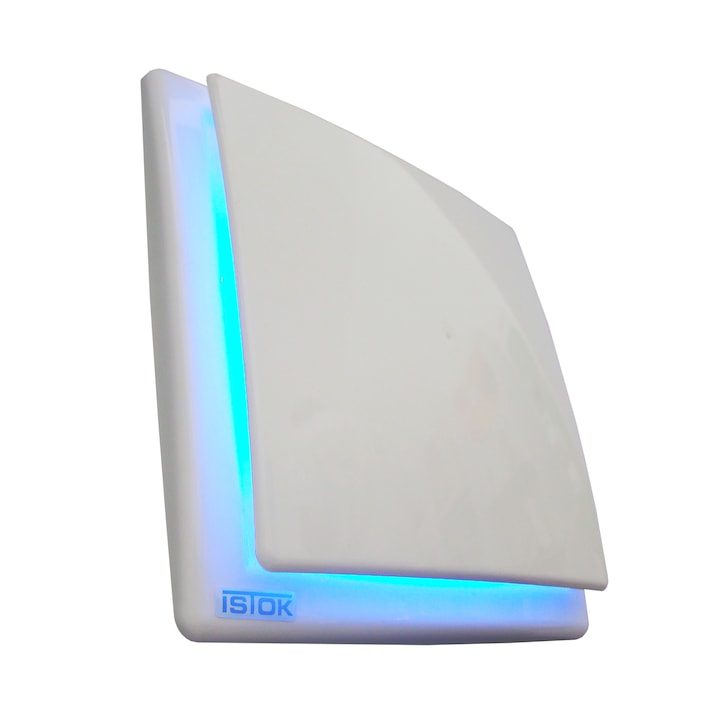 Вентилатор за баня MMotors, OK 01 Light, светещ син LED, Ф100, влагоустойчив, тих работен режим, 29 dB, квадрат, бял, 100 м3/ч, 6905