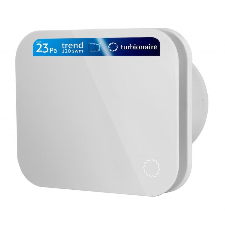 Вентилатор за баня Turbionaire TREND 120 SWM, Възвратен клапан, Безшумен, IPX4 защита, Периметърно засмукване, Минималистичен дизайн, Гъвкав монтаж, Диаметър на връзката 120 мм, Матово бял преден панел