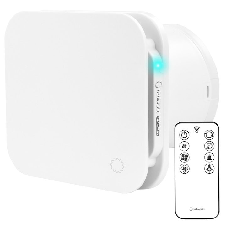 Вентилатор за баня Turbionaire Trend Plus, Многофункционален, Дистанционно управление, Максимална консумация 5,7 W, 7 скорости + усилване, Безчетков DC мотор, Клапа против връщане, Регулируем таймер, Въздушен поток 85 мc/ч, Безшумен, Диаметър 100 мм