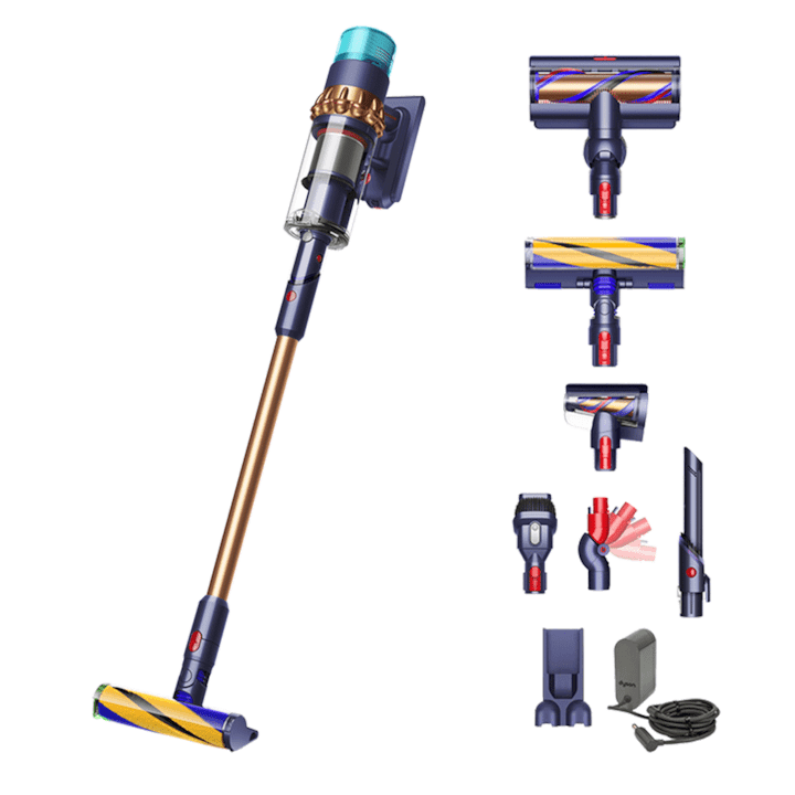 Прахосмукачки Dyson: Какви Модели Има и Какво Означават? Таблица Вертикална прахосмукачка без кабел Dyson Gen5 Detect Absolute 447002-01, Автономност 70 минути, Всмукателна мощност 280 AW, 752 W, 0.77 л, Пруско синьо/Интензивен мед