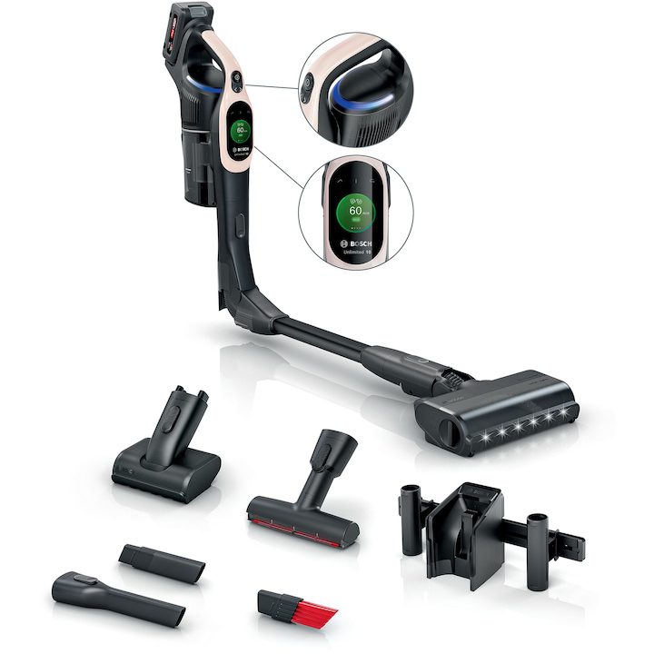 Вертикална прахосмукачка Bosch Unlimited 10 BBS1041RBA, Батерия 4 Ah, 6 режима на почистване, Четка MicroClean, Четка HardFloor, Сензор MicroClean, Време на работа до 80 минути в режим Eco, Rose