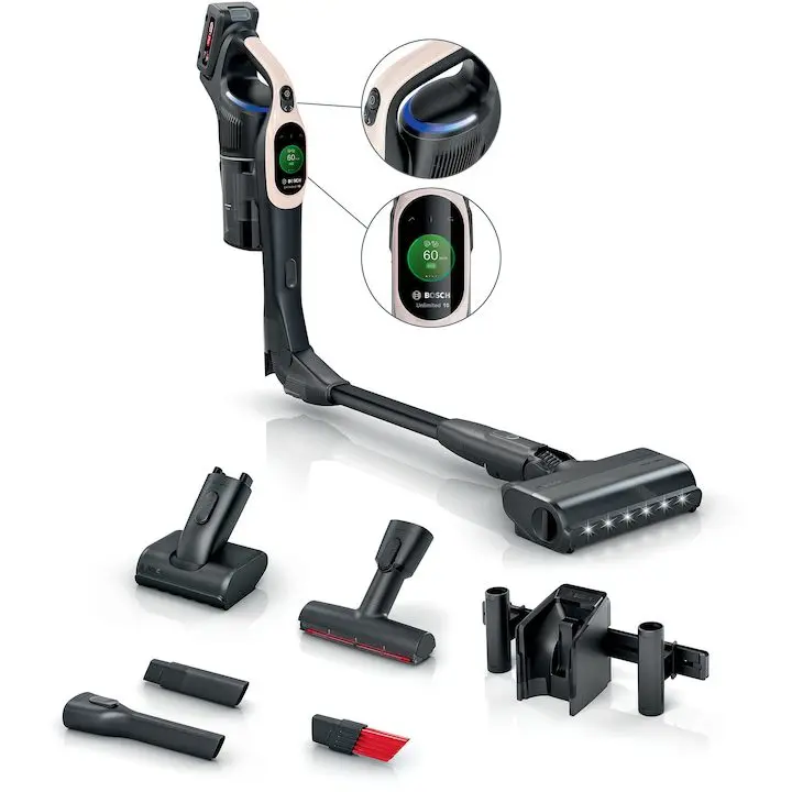 Вертикални прахосмукачки Bosch: Модели, Сравнения и Характеристики Вертикална прахосмукачка Bosch Unlimited 10 BBS1041RBA, Батерия 4 Ah, 6 режима на почистване, Четка MicroClean, Четка HardFloor, Сензор MicroClean, Време на работа до 80 минути в режим Eco, Rose