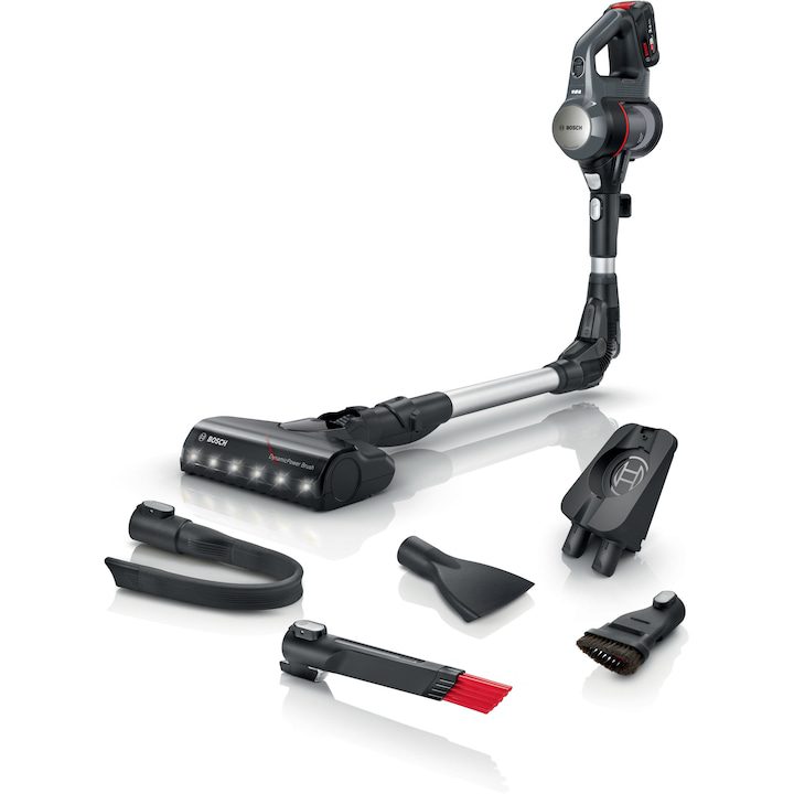 Вертикална прахосмукачка Bosch Unlimited 7, BCS711A, Автономия 40 минути, 3 нива на мощност, 0,3 л, Четка allFloor Dynamic Power със светодиоди, TurboSpin мотор, Гъвкаво тяло, Функция Quick Stand, Сив