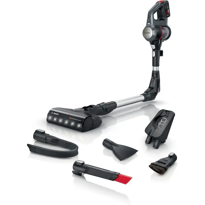 Вертикални прахосмукачки Bosch: Модели, Сравнения и Характеристики Вертикална прахосмукачка Bosch Unlimited 7, BCS711A, Автономия 40 минути, 3 нива на мощност, 0,3 л, Четка allFloor Dynamic Power със светодиоди, TurboSpin мотор, Гъвкаво тяло, Функция Quick Stand, Сив