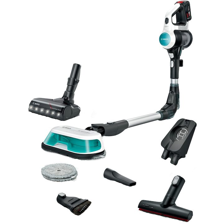 Вертикална прахосмукачка Bosch Unlimited 7 ProHygienic Aqua BCS71HYG1, Батерия 3 Ah, 3 степени на мощност, Четка AllFloor DynamicPower с LED светлини, 2in1 DynamicAqua Mop, Резервоар за вода за почистване до 50 м2, Бял