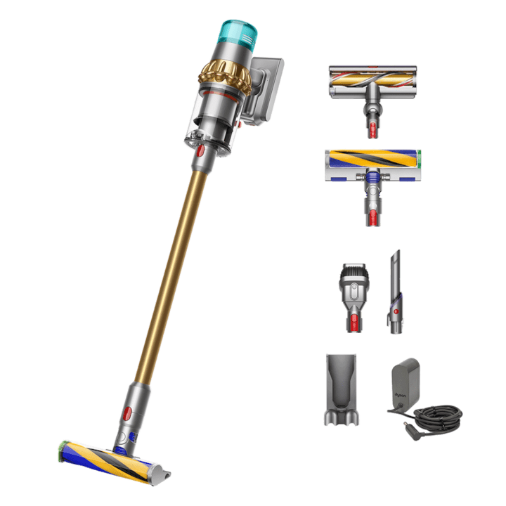 Прахосмукачки Dyson: Какви Модели Има и Какво Означават? Таблица Вертикална прахосмукачка Dyson V15 Detect Absolute 2023 447000-01, 660 W, Осветление, HEPA филтър, Златист