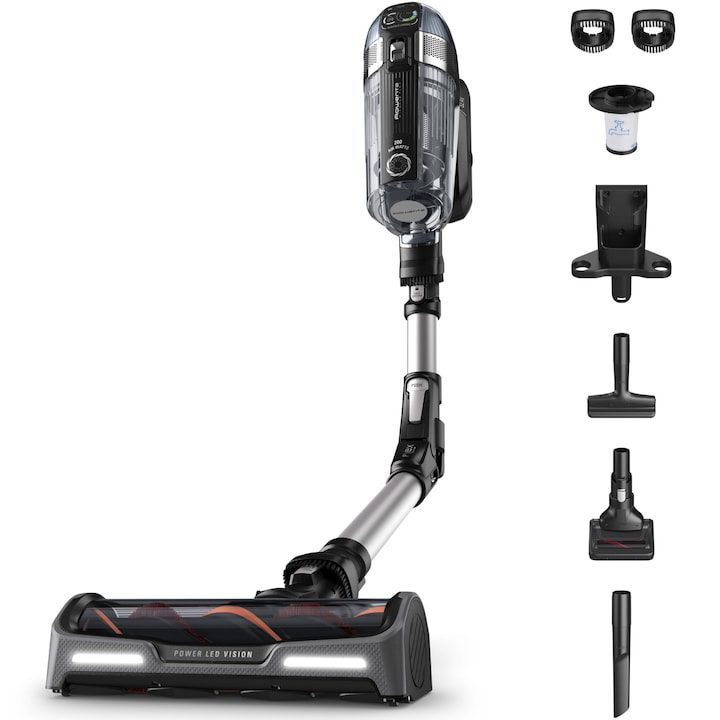 Прахосмукачки Rowenta: Вертикални, Миещи и Роботи – Сравнения и Таблица Вертикална прахосмукачка Rowenta X-Force Flex 14.60 RH9958WA, 480W, 32.4V, Автономност 70 мин, Филтрация 99,9%, Контейнер за прах 0,9 л, Гъвкава тръба, LED четка, Дигитален панел SmartControl, Сменяема батерия, Конзола за стена със зареждане, Черен/Сив