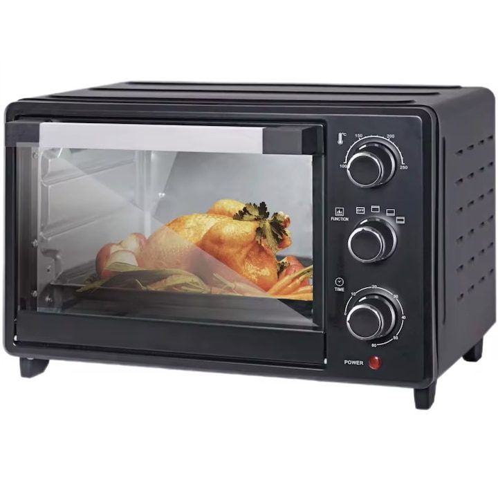 Електрическа Фурна Без Котлони: Конвекция, Еър Фрайър и Грил в Едно Електрическа фурна 48 л, 2600 W, 3 функции за готвене, таймер, тава и грил от неръждаема стомана, голям капацитет, прозрачна врата, черна