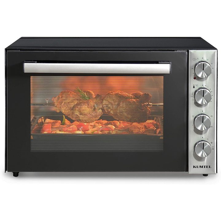 Електрическа Фурна Без Котлони: Конвекция, Еър Фрайър и Грил в Едно Електрическа фурна Kumtel LX-9645FA Pizza & Rotissor XXL, 70 литра, 2500 W, Rotisseur, Конвекция, 7 режима на готвене, Двойно стъкло, Черен, Неръждаема стомана