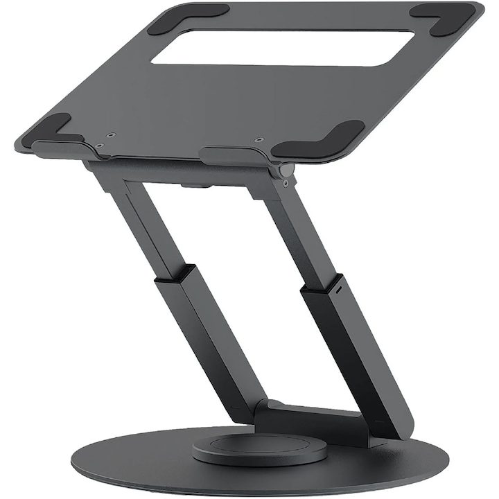 Ергономична стойка за лаптоп за бюро, основа с въртене на 360°, сгъваема, противоплъзгащ силикон, регулируема по височина, съвместима с всички 10-17'' лаптопи, тъмно сива
