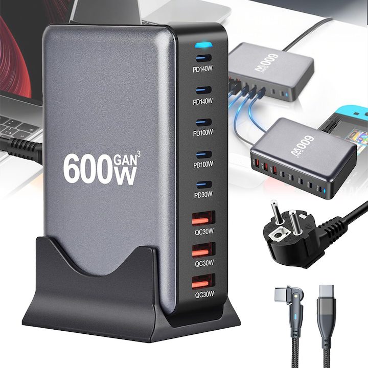 Зарядни за Телефон USB‑C - Какво Трябва да Знаете Преди Покупка EXCITAT® 600W GaN3 8-портова зарядна станция – Бързо и компактно зарядно устройство с 5x USB-C (до 140W) + 3x USB-A – Идеално за лаптопи, телефони, Switch конзола – Включва 2 м въртящ се USB-C кабел, 60W