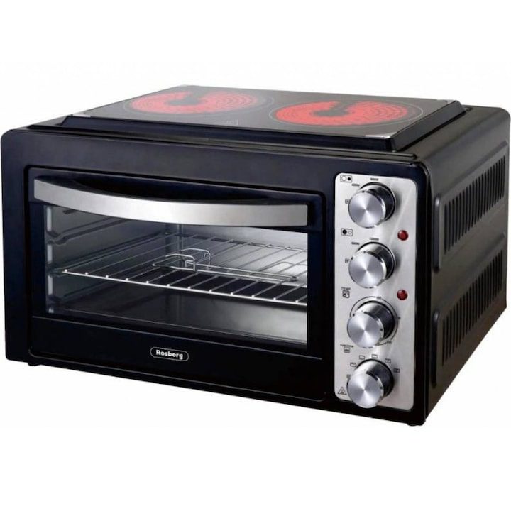 Готварска печка Rosberg Premium, 2 стъклокерамични котлона и фурна, 38 литра, Обща мощност на уреда: 3100W, Размер: 42х56х33 сантиметра, Цвят: Черен