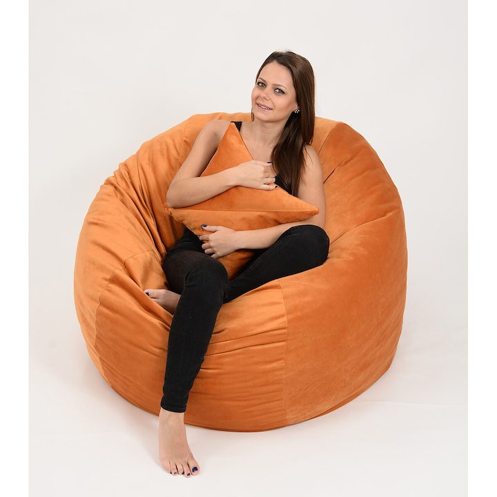 Как да Изберем Идеалния Барбарон? Комплект Pufrelax, Барбарон и декоративна възглавница, 600л., King Size - Orange, Перящ се калъф, Пълнеж с микс от мемори пяна и дунапрен, Трансформира се в легло, Гама Diamond