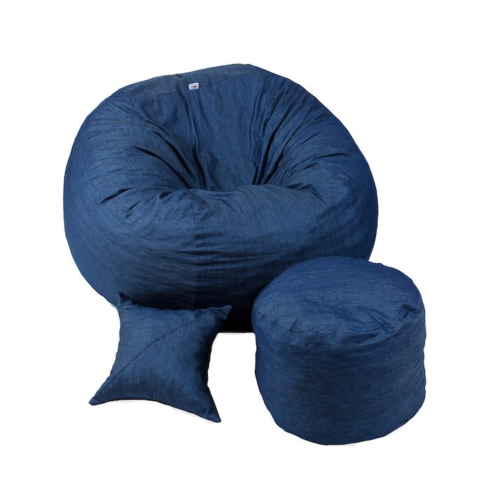 Как да Изберем Идеалния Барбарон? Комплект Pufrelax, Барбарон с табуретка за крака и декоративна възглавница 900л., King Size XL - Denim, Перящ се калъф, Трансформира се в легло, Пълнеж с микс от мемори пяна и дунапрен, Гама Premium