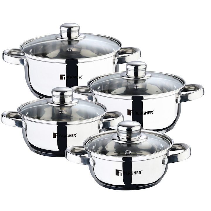 Комплект Тенджери и Тигани - Сравняваме Най-Популярните Комплект тенджери Bergner Vienna,4 тенджери с капак (8 части), Индукция, 14 см/0,9 л, 16 см/1,4 л, 18 см/2 л, 20 см/2,8 л