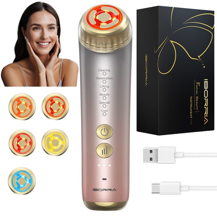MARCINO ® IBORRIA 6-в-1 устройство за третиране на лице и грижа за кожата, лифтинг на лицето, мезотерапия, червена, синя, жълта светлинна терапия, против бръчки, лифтинг на лицето, функция за лечение на акне и пъпки, тип C, розово