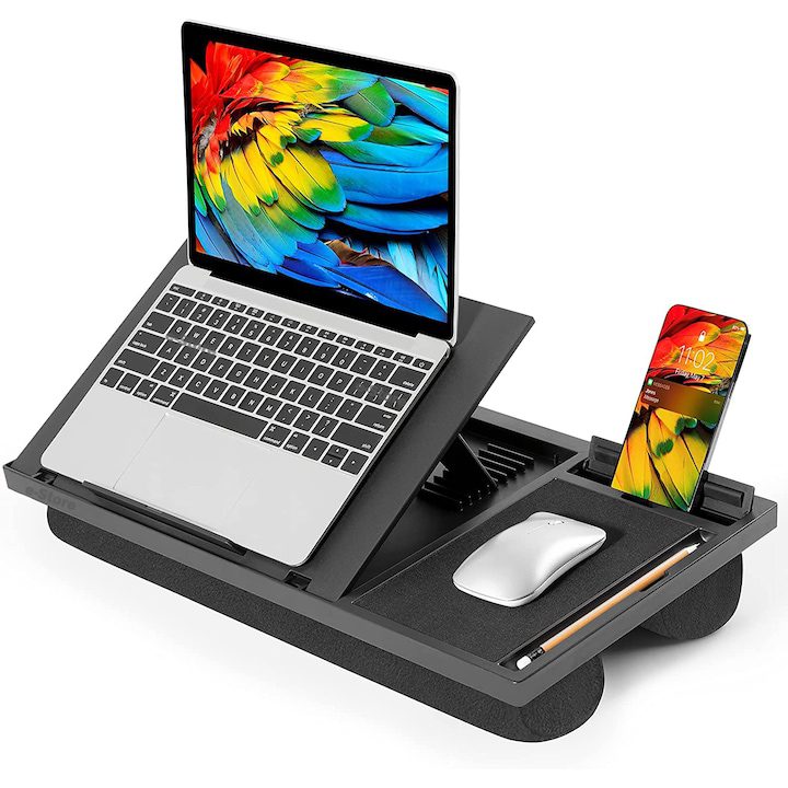 Маса за лаптоп, регулируема с подложка за мишка, поставка за телефон, химикал, двойна възглавница, за легло, офис, кола, черна, 52x28x6см, Callena