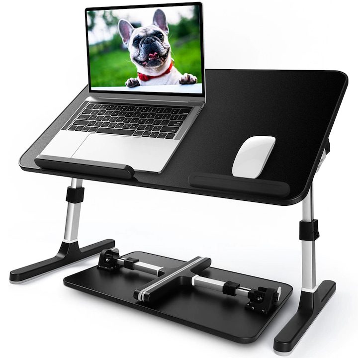 Маса за лаптоп, Сгъваема, мултифункционална, регулируема, 5 степени на височина, 4 ъгъла на регулиране, преносима за хранене, четене, игри, 55 x 54 см, черна