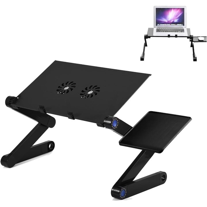 Маса за лаптоп, Сгъваема стойка за лаптоп с опора за подложка за мишка, Мултифункционална, Двойна вентилационна система тип Coller на USB, Регулируема височина и ъгъл на наклон, 420x260 mm, Черен