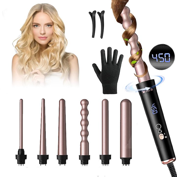 Топ 10 Най-Добрите Маши за Коса за 2025 Година - Иновативни Решения Маша 6 в 1, SHIJOOE®, с 6 сменяеми глави, керамично турмалиново покритие, бързо нагряване, LCD екран, 4 температурни настройки, регулируема температура до 230°, подходяща за суха и мокра коса, С термоустойчиви ръкавици, Черен / Розово злато