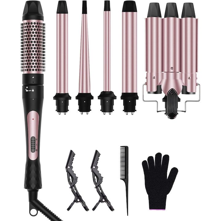 Топ 10 Най-Добрите Маши за Коса за 2025 Година - Иновативни Решения Маша за коса XINLOSHU, 6 в 1, 3 тръби, 2 температурни нива, 150° C-210° C, турмалинова керамика, подходяща за суха и мокра коса, носене на термоустойчиви ръкавици, розово